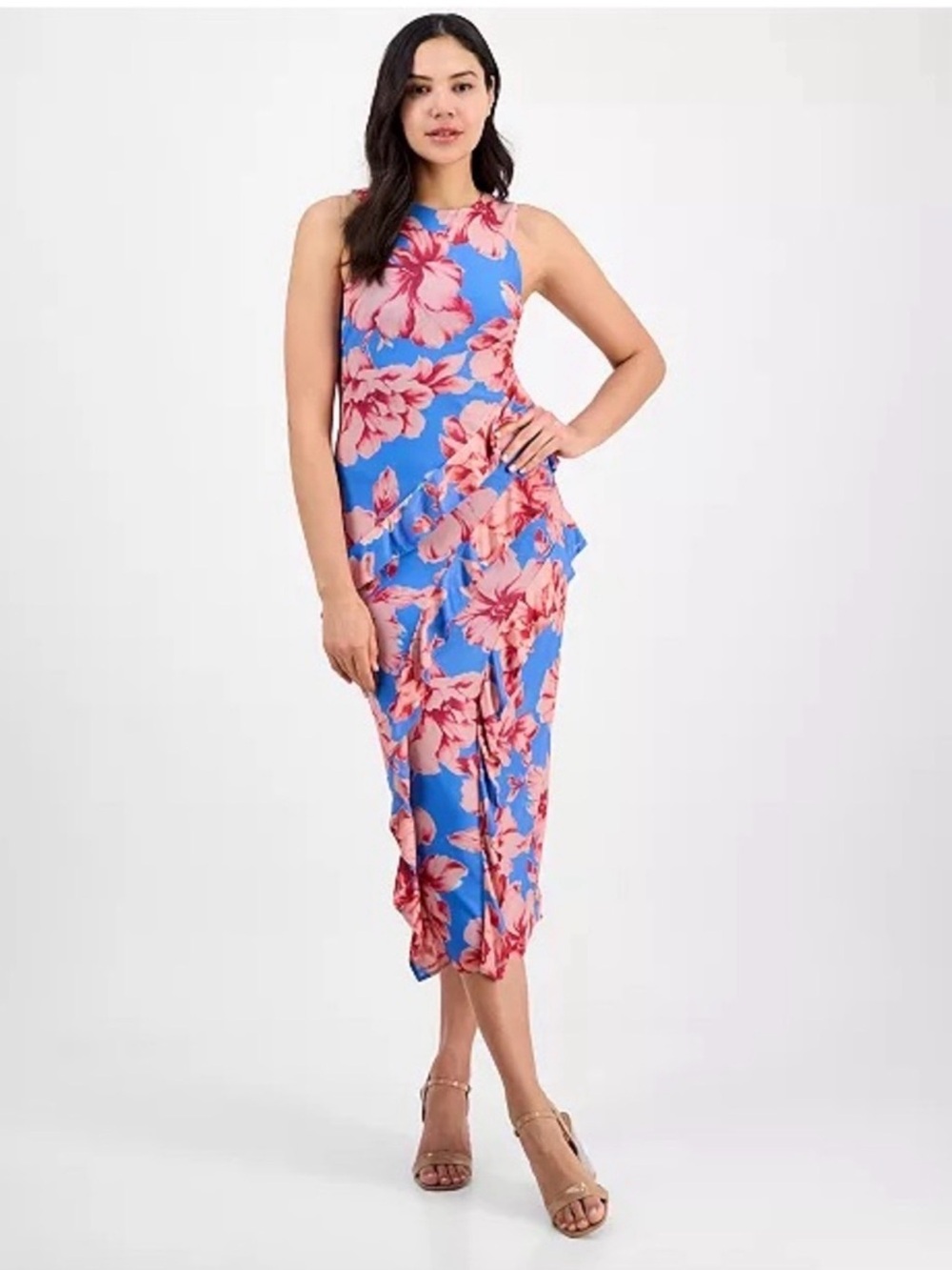 RACHEL Rachel Roy Blue Floral Midi Dress with Pink Blossoms